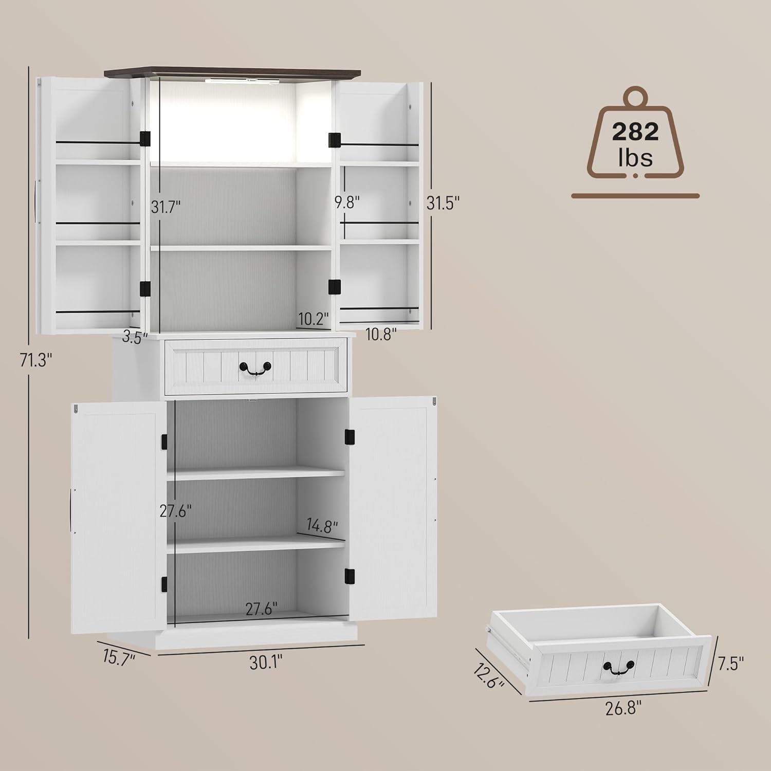 HOMCOM 71" LED Kitchen Pantry Cabinet, Farmhouse Tall Freestanding Storage Cabinet with Door Shelves, Adjustable Shelves and Drawer for Kitchen and Dining Room, Distressed White