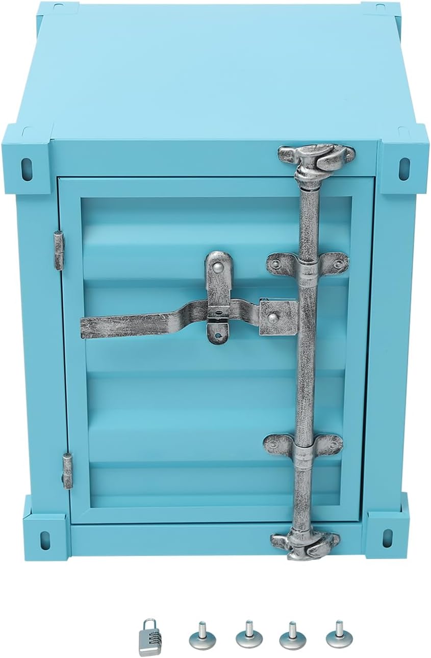 Side Table, Industrial Style Container Cabinet, Iron End Tables with Metal Combination Lock, Multifunctional Iron Bedside Table Storage Cabinet for Living Room, Bedroom & Office (Blue)