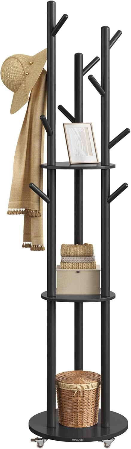 VASAGLE Freestanding Coat Rack Stand, Coat Tree with 11 Hooks, 3 Shelves, 4 Removable 360° Swivel Wheels, Wooden Hooks and Poles, for Entryway, Bedroom, Living Room, Ink Black URCR023B01