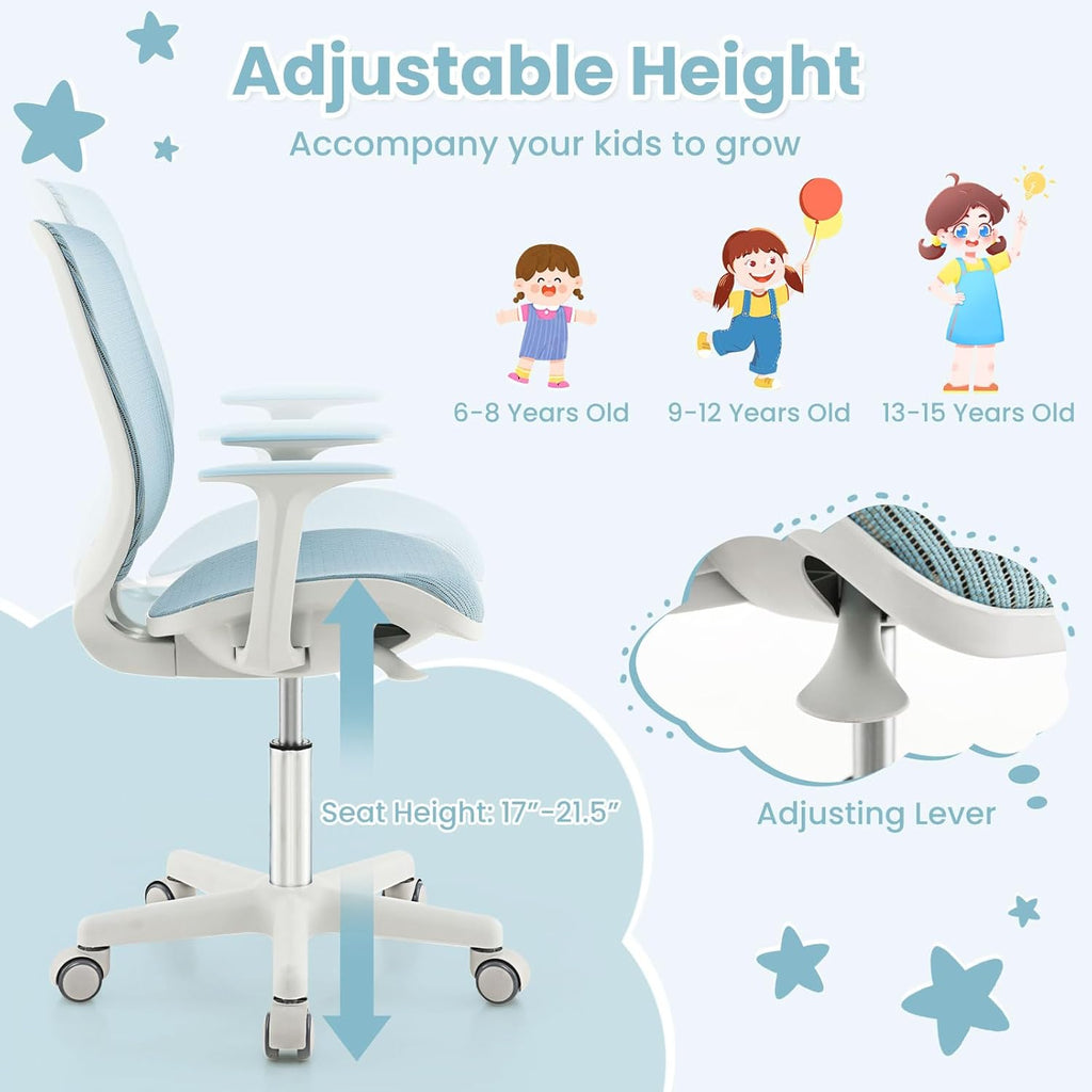 Costzon Kids Desk Chair, Height Adjustable Children Study Computer Chair with Armrests, Sit-Brake Casters, Swivel Mesh Task Chair for Boys Girls Teens Students, Kids Chair for Home, Office, School