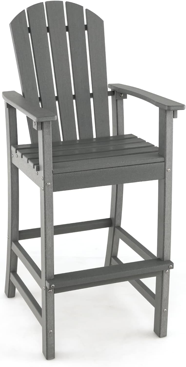 Giantex Outdoor HDPE Bar Stool, Tall Adirondack Chair with Armrests and Footrest, 30 Inches Counter Height Bar Stool for Garden, Backyard, Weather Resistance, Easy Maintenance (1, Gray)