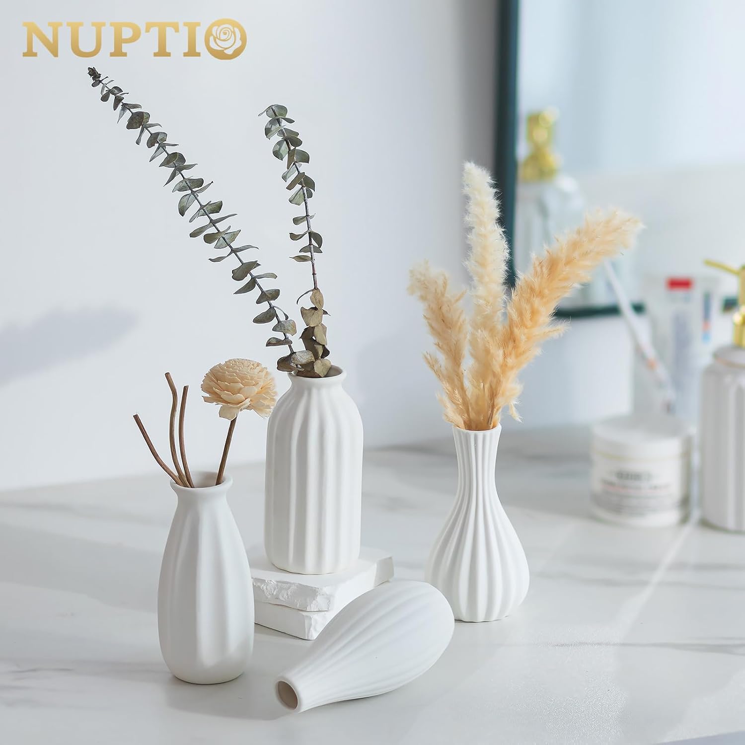 White Ceramic Vase for Table Decor: NUPTIO Small Bud Vases for Flowers - Centerpiece Table Decorations for Christmas Home Wedding Dining Room Set of 4
