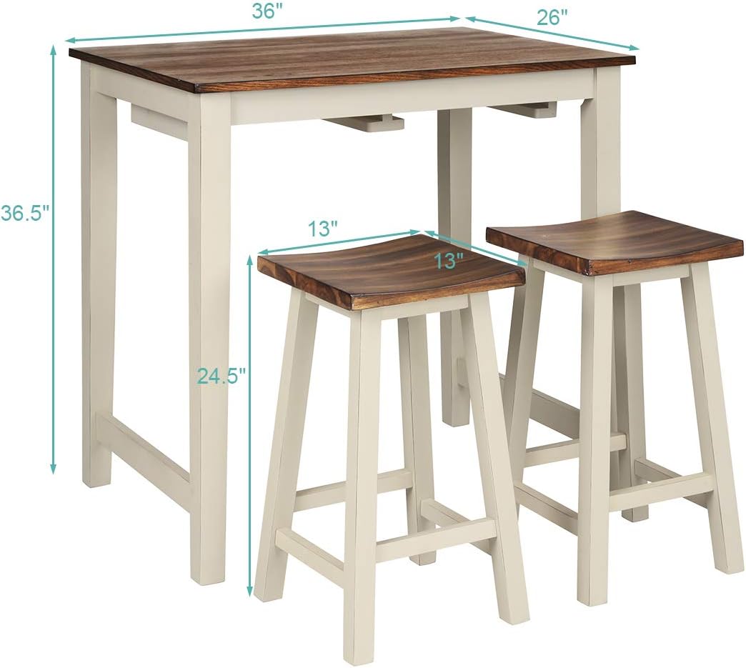Giantex 3 Piece Pub Dining Set, Counter Height Pub Table with 2 Saddle Bar Stools, Tavern Collection Table Set for Living Room, Kitchen, Small Space (Brown & Milky White)