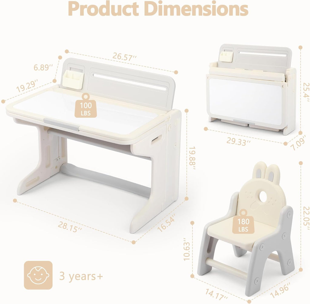 Kinder King Kids Table & Chair Set, Folding Children Activity Table w/Tilt Tabletop, Graffiti & Building Blocks, Book Stand, Storage, Toddler Furniture Set for Classroom, Daycare, Home, Age 3+, Beige