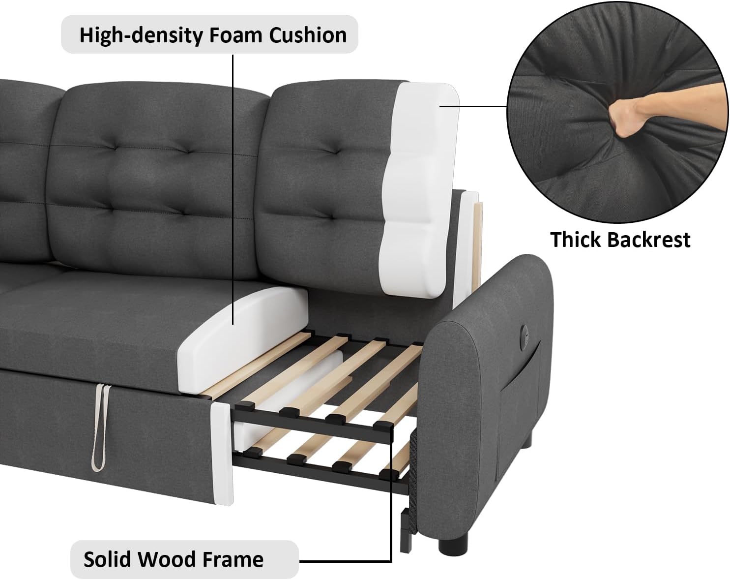 86" Sleeper Sofa Bed, Pull Out Couch Bed with Reversible Storage Chaise, Sectional Couches for Living Room with Side Pocket | Charging Station | Removable Backrest | Prime Linen, Dark Grey