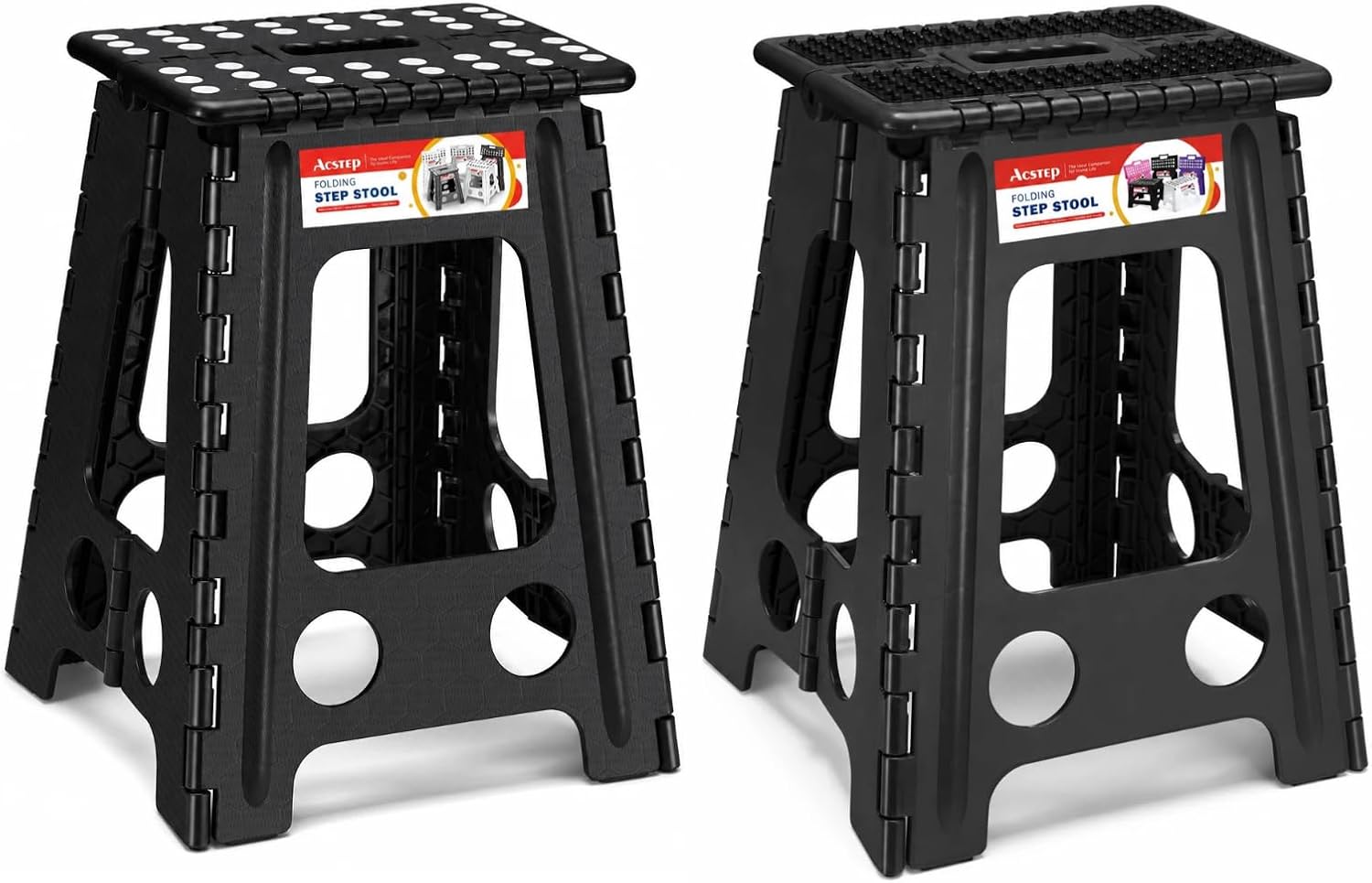 ACSTEP 17.5 Inch Folding Step Stool 2 Pack, 400 LB Capacity Plastic Foldable Stools with Handle, Non-Slip Step Stool for Kids and Adults, Home Use (Black & Black)