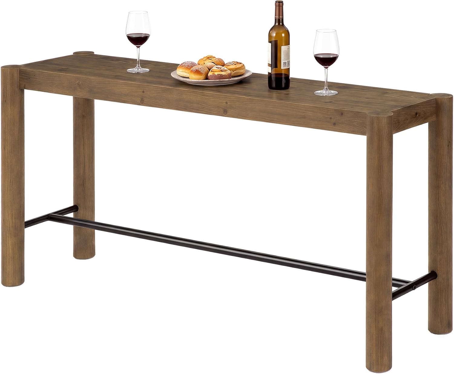 59-Inch Bar Table, Solid Wood Counter Height Dining Table with Metal Footrest, Modern Rustic Home Bar Unit for Kitchen, Living Room & Dining Room, Brown