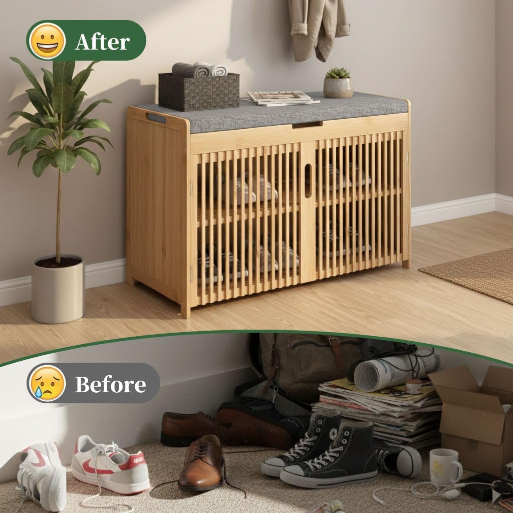 APRTAT Bamboo Shoe Storage Bench with Padded Cushion, 3-Tier Shoe Rack Organizer with 2 Ventilated Grille Doors for Entryway, Bedroom, Bathroom (Nature, Large)