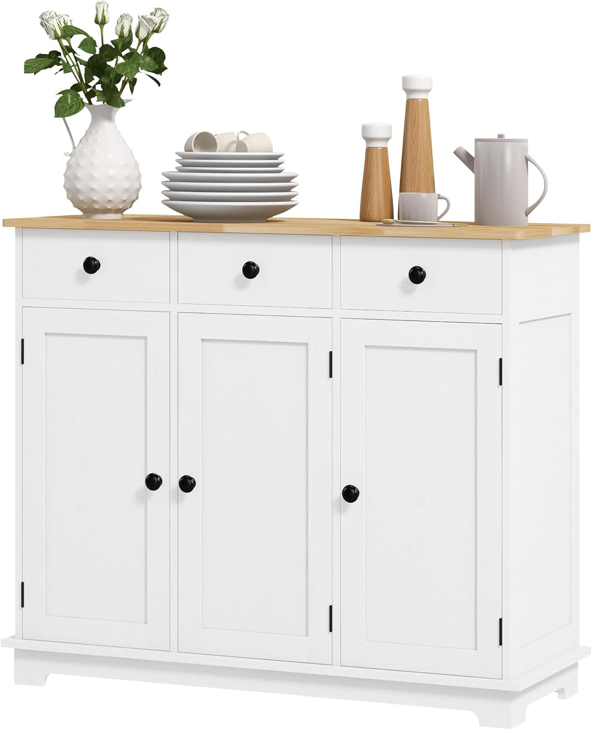 Sideboard with Solid Wood Countertop, Modern Kitchen Storage Cabinet, Coffee Bar Cabinet with 3 Drawers, Doors and Adjustable Shelf, Distressed White,for Kitchen