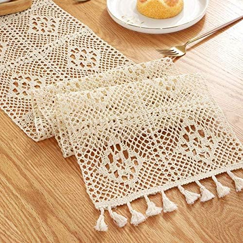 Crochet Macrame Beige Boho Table Runner in 87 inches with Tufted Tassel Handmade Vintage Floral Wedding Lace Table Runner Bohemian Farmhouse Holiday Home Deco
