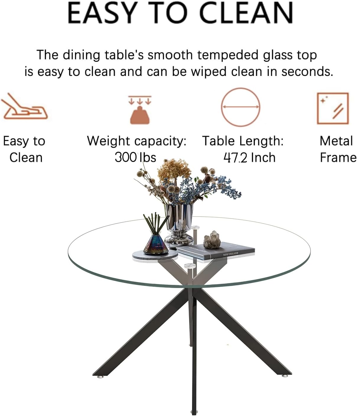 47" Round Glass Dining Table for 4-6, Circle Kitchen Table with Tempered Glass Top & Black Metal Cross Legs, Modern Glass Dinner Table for Kitchen Dining Room Small Apartment
