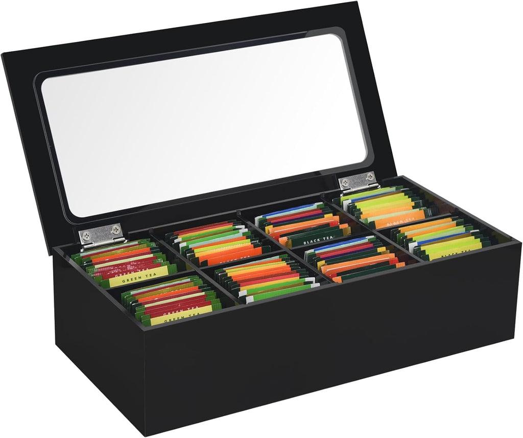 Tasybox Tea Bag Organizer, Acrylic Tea Box with Lid, Black Teabag Holder | 8 Slot Tea Bag Holder, Large Capacity Teabag Storage Box, Tea Organizers and Storage for Countertop, Pantry, Kitchen, Cabinet