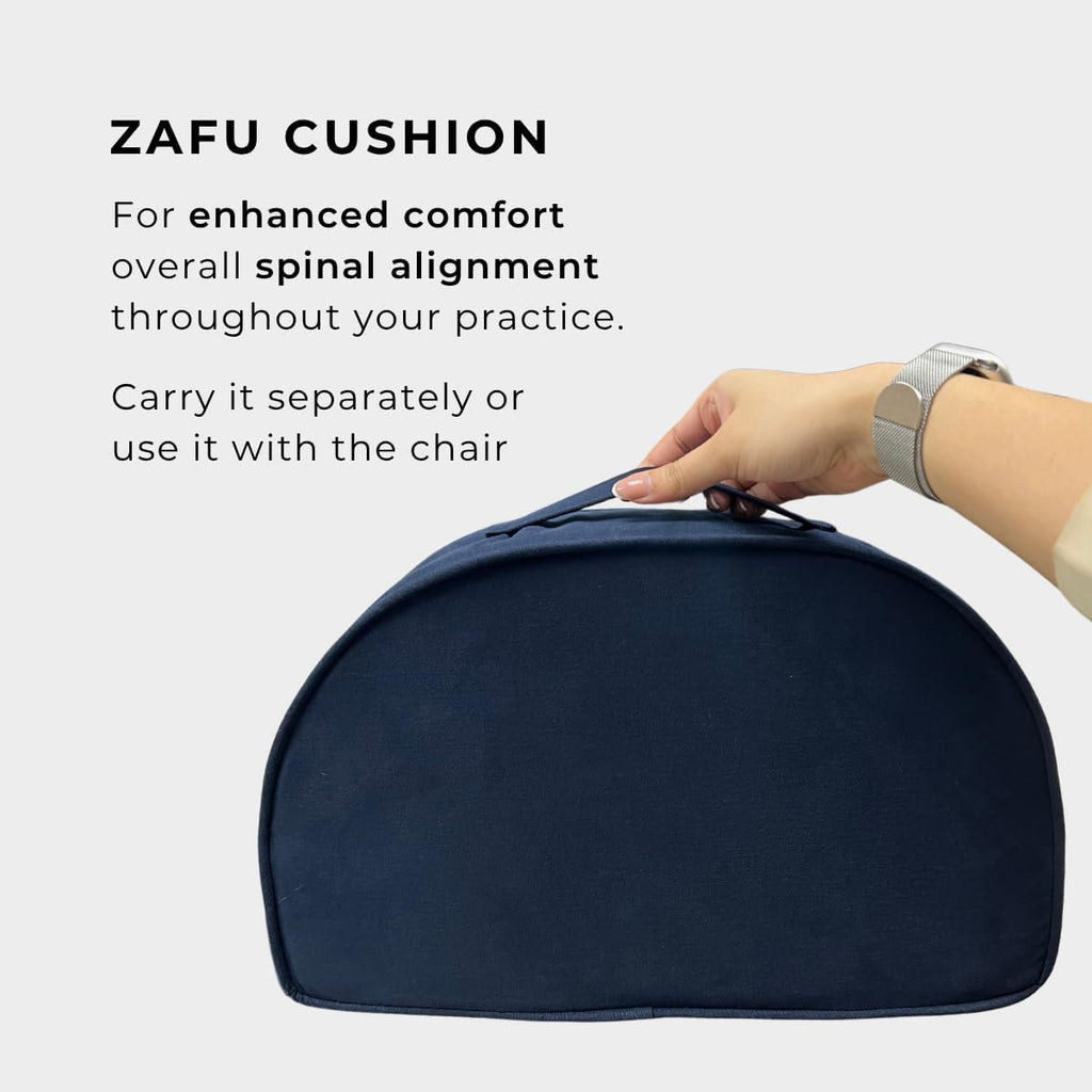 Friends Of Meditation 4-in-1 Folding Buddha Chair – Ergonomic Yoga Seat with Half-Moon Zafu, Detachable Lumbar Support & Carry Case – Navy Blue