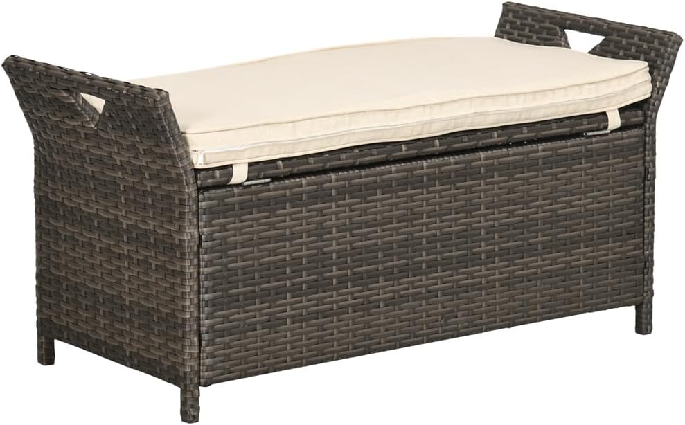 Outdoor Storage Bench with Cushioned Seat – Weather-Resistant Woven Rattan Box for Patio, Deck, Poolside and Garden Use