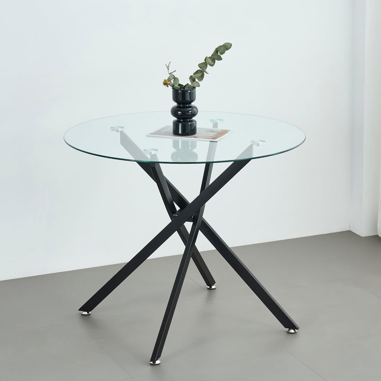 Modern Dining Table for 4 People, 36" Round Dining Table with Black Chrome Metal X-Base, Circle Tempered Glass Dining Room Table, Small Kitchen Dining Room Tables Dinner Tables