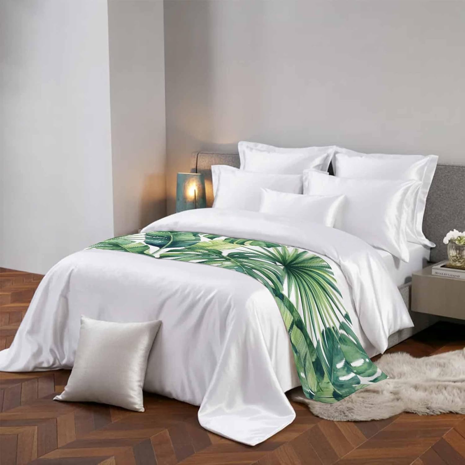 Tropical Monstera Leaves Bed Runners Country Botanical Palm Leaf Green Bed Throws for Foot of Beds, Decorative Bedrunners & Scarves Luxury Bedding End Blanket Protector Slipcover Home, 71"x20"