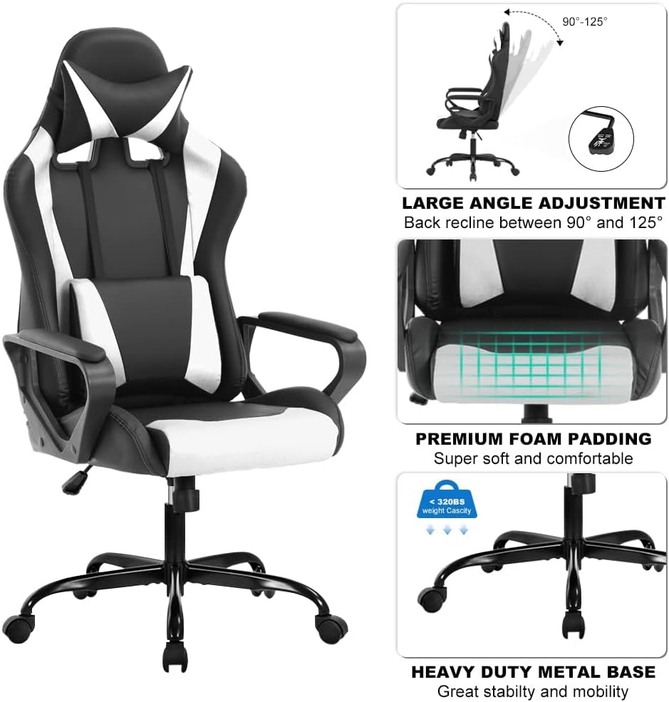 Ergonomic High Back Gaming Chair & Office Chair, PU Leather & Adjustable & Easy Assembly & BIFMA Certified, for Home/Office (Gray) (White)