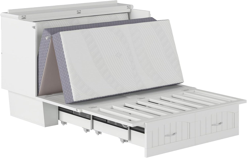 AFI, Nantucket Full Size Murphy Bed Chest with Mattress, Storage Drawer and Built-in USB Charger, White