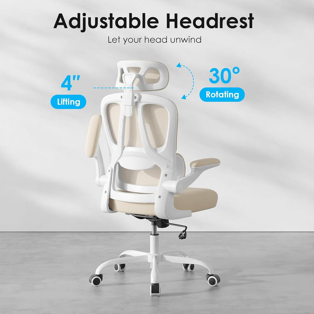 Ergonomic Office Chair with Lumbar Support and Headrest, High Back Mesh Desk Chair with Flip-Up Armrests, 350lbs Capacity Swivel Computer Chair for Home Office, Bedroom (Khaki + White)
