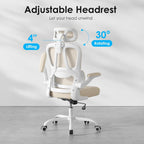 Ergonomic Office Chair with Lumbar Support and Headrest, High Back Mesh Desk Chair with Flip-Up Armrests, 350lbs Capacity Swivel Computer Chair for Home Office, Bedroom (Khaki + White)