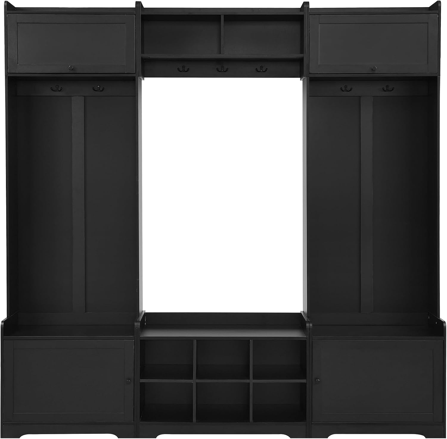 JIJIWANG 9.1''Wide Modern Hall Tree with Shoe Storage, 4-in-1 Multi-Functional Entryway Bench with 8 Cubbies, 7 Coat Hooks & Adjustable Shelf for Hallway, Living Room, Black