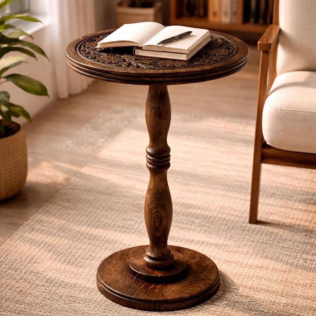 Mango Wooden Accent Table 12x22 Round Handcrafted Carved Side Table,Natural Burnt Finish Nightstand,Rustic Wooden End Table, Solid Wood Bedside Table for Bedroom & Living Room Home Decor