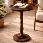 Mango Wooden Accent Table 12x22 Round Handcrafted Carved Side Table,Natural Burnt Finish Nightstand,Rustic Wooden End Table, Solid Wood Bedside Table for Bedroom & Living Room Home Decor