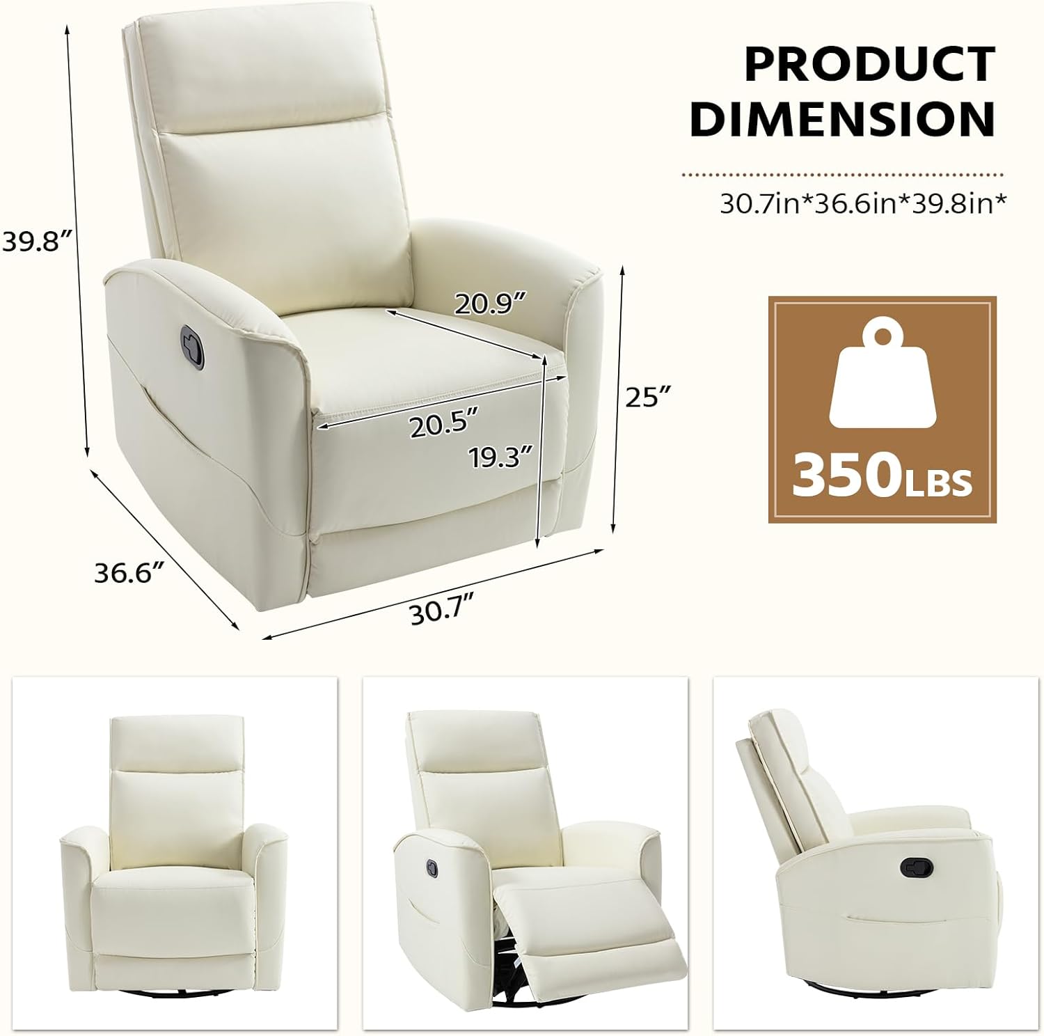 HAOMARKETS Swivel Rocker Recliner Chair, Manual Faux Leather Glider Rocking Recliners for Adults, 360° Swivel Nursery Reclining Sofa with Storage Pocket