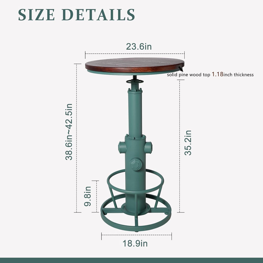 Industrial Bar Table with Round Solid Pine Wood Top, Adjustable Height 38.6-42.5in, Fire Hydrant Design, 360° Swivel, Green