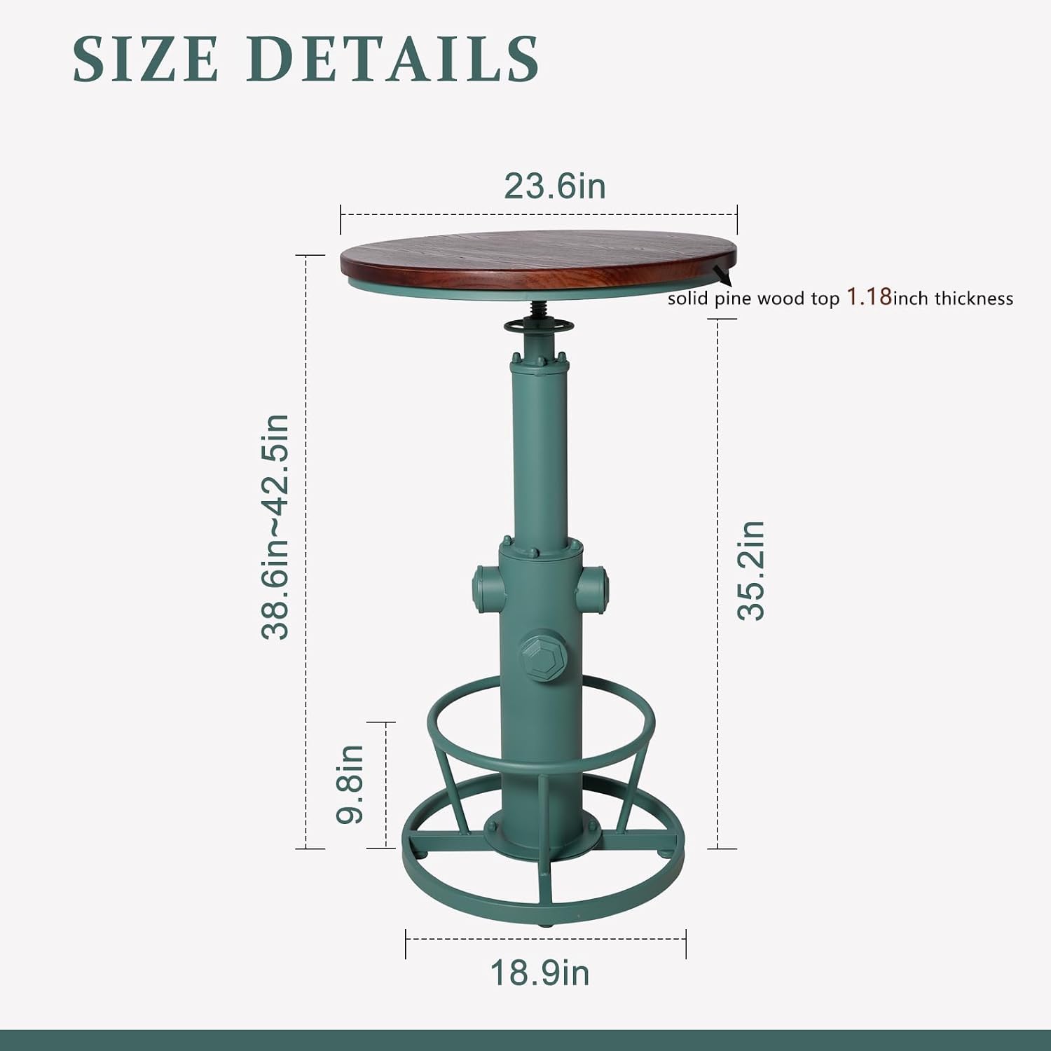 Industrial Bar Table with Round Solid Pine Wood Top, Adjustable Height 38.6-42.5in, Fire Hydrant Design, 360° Swivel, Green