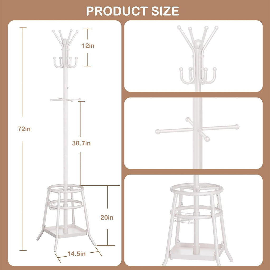 Heavy Duty Freestanding Coat Rack with 12 Hooks & Umbrella Holder - White Metal Clothes Hat Sturdy Standing Hall Tree for Entryway, Living Room, Bedroom, Office Organization (White)