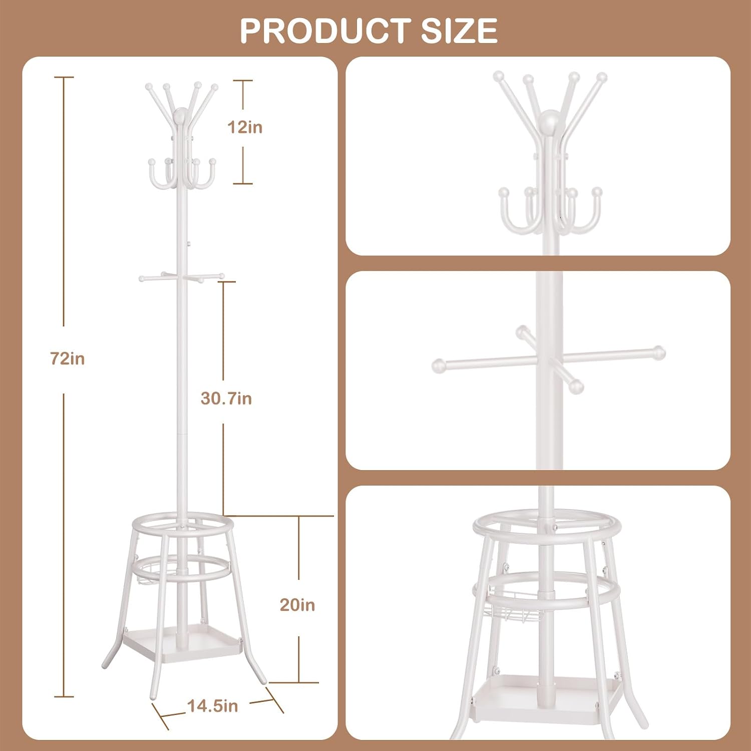 Heavy Duty Freestanding Coat Rack with 12 Hooks & Umbrella Holder - White Metal Clothes Hat Sturdy Standing Hall Tree for Entryway, Living Room, Bedroom, Office Organization (White)