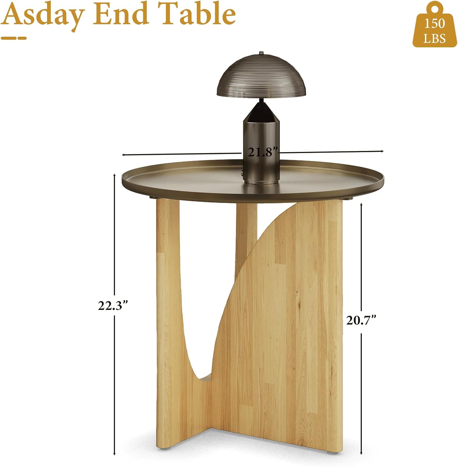 Asday Farmhouse End Table, Wood Side Table with Metal Tray Top, Geometric Base, Small End Table, Bedside Table for Living Room or Bedroom, 1 Piece