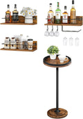 HOOBRO Small Round Side Table and Wall Mounted Wine Rack 3 Pack, Drink Table, Wine Shelf Hanging Floating Wall Shelves, Wine Glass Bottle Rack Stemware Holder BF168BZ01-BF33BJ01