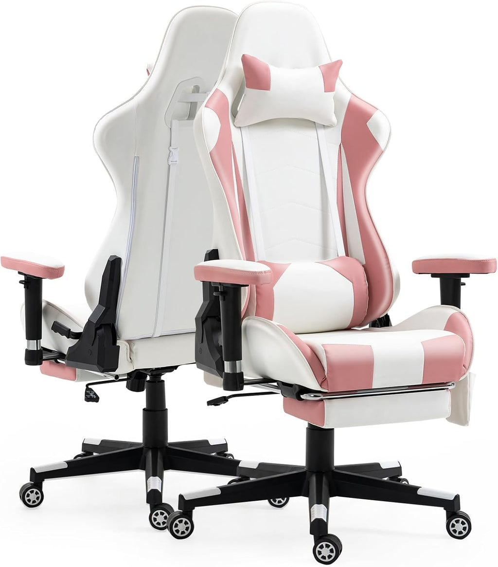 Massage Gaming Chair w/Footrest Video Racing Chair PC High Back Desk Computer Chair PU Leather Recliner w/Headrest and Lumbar Pillow, Pink-White