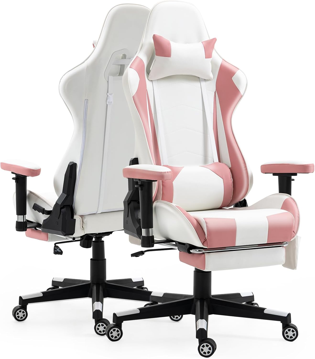 Massage Gaming Chair w/Footrest Video Racing Chair PC High Back Desk Computer Chair PU Leather Recliner w/Headrest and Lumbar Pillow, Pink-White
