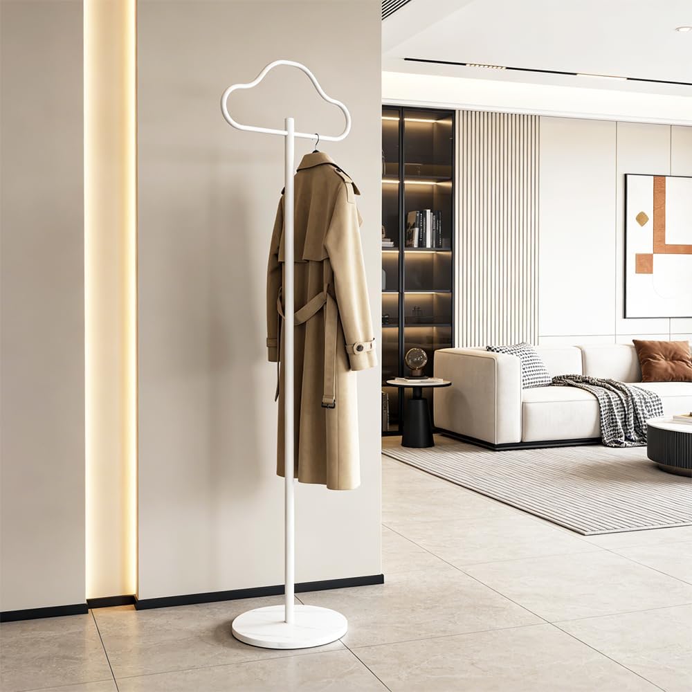 Coat Rack Freestanding Clothes Rack with Hooks & Marble Base, Heavy Duty Coat Hanger Stable Coat Stand for Entryway Bedroom, Hanging Garment Rack Hall Tree for Clothing Tie Hat Bag Purse (White Cloud)