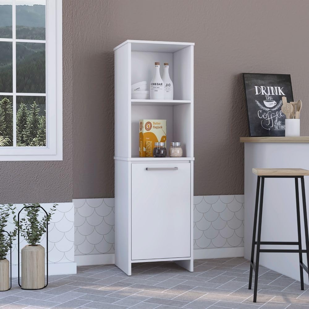 59" H Kitchen Pantry Storage Cabinet with 1 Door and 2 Shelves, Wooden Hutch Cabinet Cupboard Credenza Bufffet Cabinet for Kitchen, Dining Room, Living Room, White