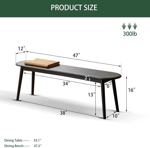 100% Solid Oak Dining Bench, Wood Bench for End of Bed with Rounded Corners, Entryway Benches for Entrance, Hallway, Kitchen, Living Room(Oak Black,12" L x 47.2" W x 16.2" H)