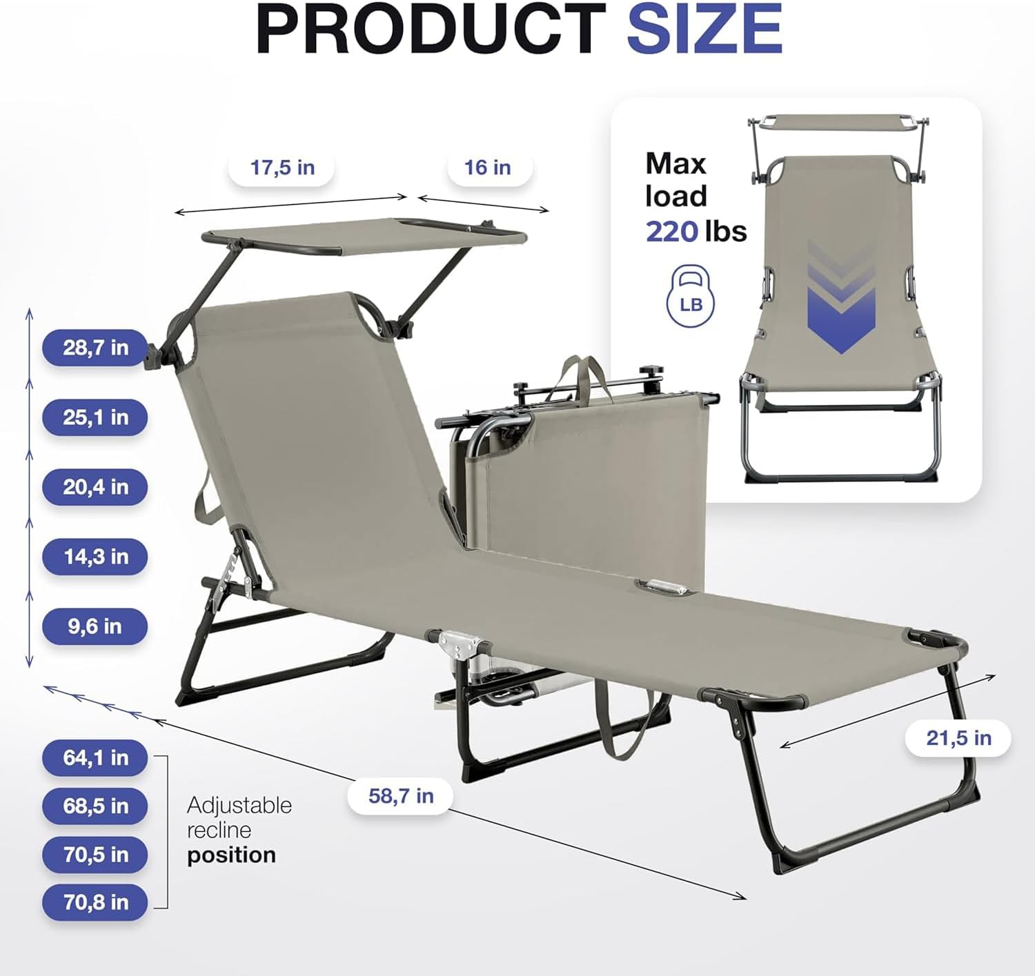 Folding Outdoor Lounge Chair with Canopy - Portable & Adjustable Beach Lounge Chair - 5-Positions, Carry Handles, 600D Fabric, 220 lbs Capacity – Tanning Chaise Lounge for Beach, Patio (1, Beige)