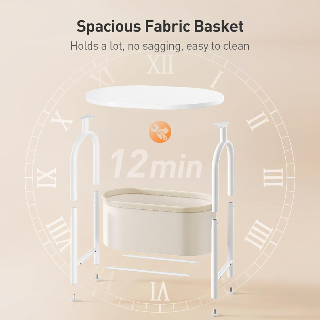 RALGEND Small Round Side Table with Fabric Basket Storage, Oval End Table for Small Spaces, Modern Coffee Bedside Table, Couch Side Table for Living Room, 15.7" X 11.8" X 24", White and Beige 8601BZWT