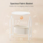 RALGEND Small Round Side Table with Fabric Basket Storage, Oval End Table for Small Spaces, Modern Coffee Bedside Table, Couch Side Table for Living Room, 15.7" X 11.8" X 24", White and Beige 8601BZWT