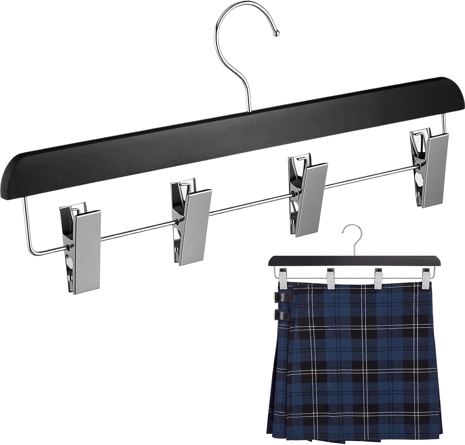 DoubleFill 1 Pcs Kilt Hanger 15.8 Inches Wooden Duty Skirt Hangers with 4 Clips for Closet (Black)