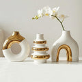 Modern Ceramic Decorative Vase Set of 3 – Minimalist Sculptural Vases for Living Room, Shelf & Table Decor, Nordic Donut Vase Set for Contemporary Home Decor (White and Gold)