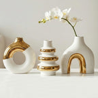 Modern Ceramic Decorative Vase Set of 3 – Minimalist Sculptural Vases for Living Room, Shelf & Table Decor, Nordic Donut Vase Set for Contemporary Home Decor (White and Gold)