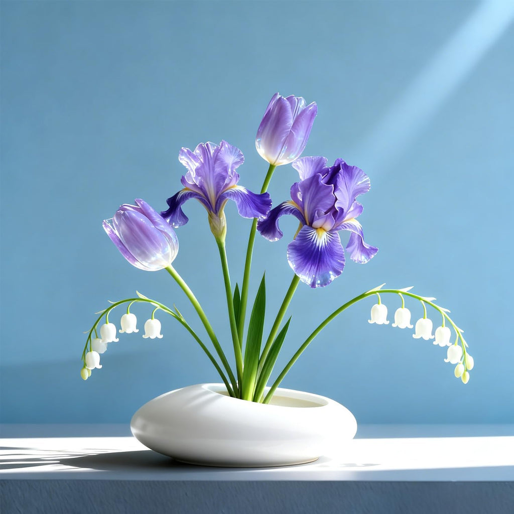 Flower Frog Vase Kit, Ikebana Flower Arrangement, Ceramic Water Drop Flower Pot & Flower Frog Flower Arrangement Vase Kit (White Small Size)