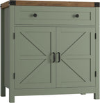 HOSTACK Coffee Bar Cabinet, Kitchen Storage Cabinet, Modern Farmhouse Buffet Sideboard with Drawer & Adjustable Shelf, Barn Door Accent Cabinets for Kitchen, Dining Room, Entryway, Green/Rustic Brown