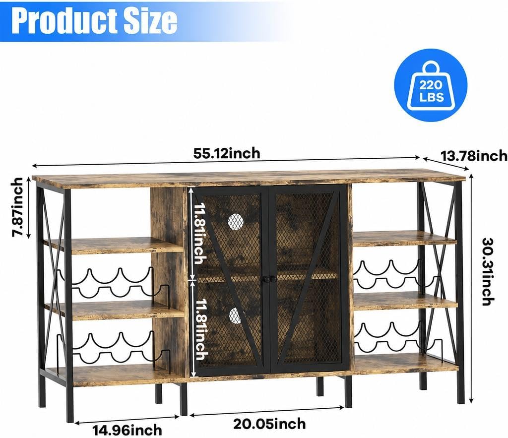 Farmhouse Wine Bar Cabinet with Led Light, Industry Coffee Bar with Wine Rack and Glass Holder, Metal Sideboard and Liquor Cabinet with Mesh Door for Living Room, 55.12"x13.78"x30.31", Rustic Brown