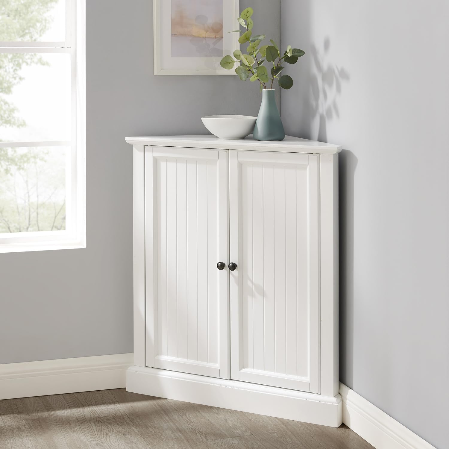 HomeStock Corner Pantry Cabinet - White Kitchen Storage, Stackable, 36" Height