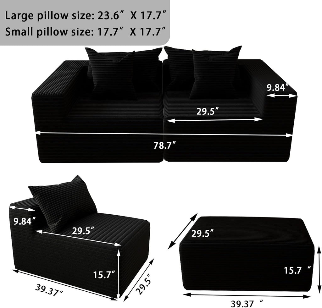 Oversized Cloud Couch Ottoman, Frameless Wide-Wale Corduroy Footrest for Living Room, High-Density All-Foam Large Rectangle Boneless Ottoman Coffee Table for Sectional Sofa (Black, Ottoman)